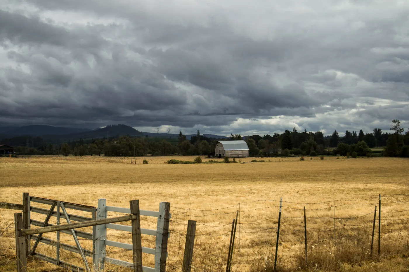 Summer thunderstorm moving across farmland in the Willamette Valley, Oregon