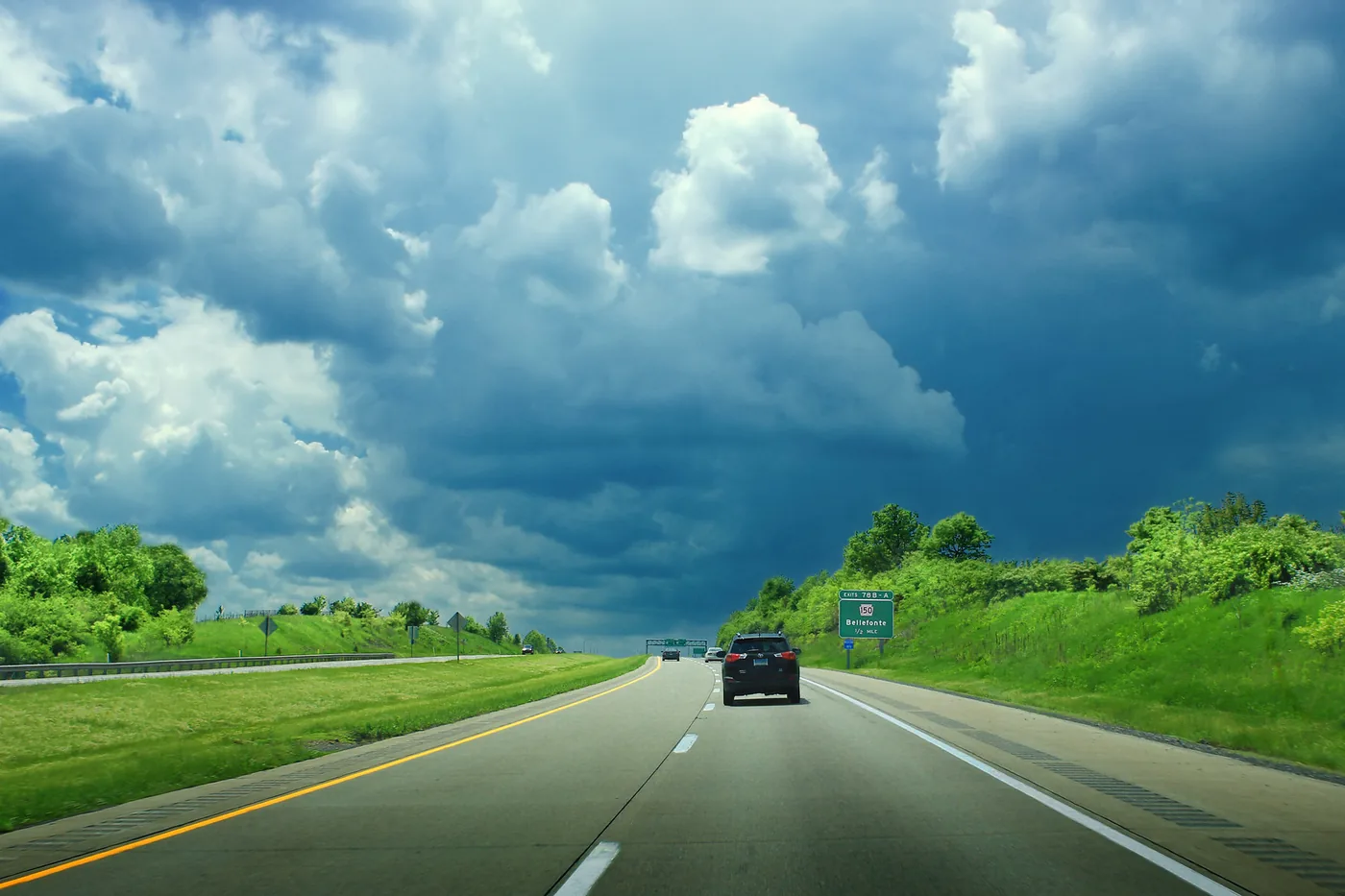 Storm clouds building over Interstate 99 in Centre County, Pennsylvania
