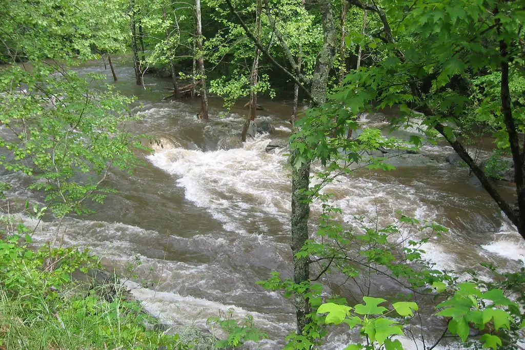 Tellico River running high and muddy the day after a heavy thunderstorm in east Tennessee