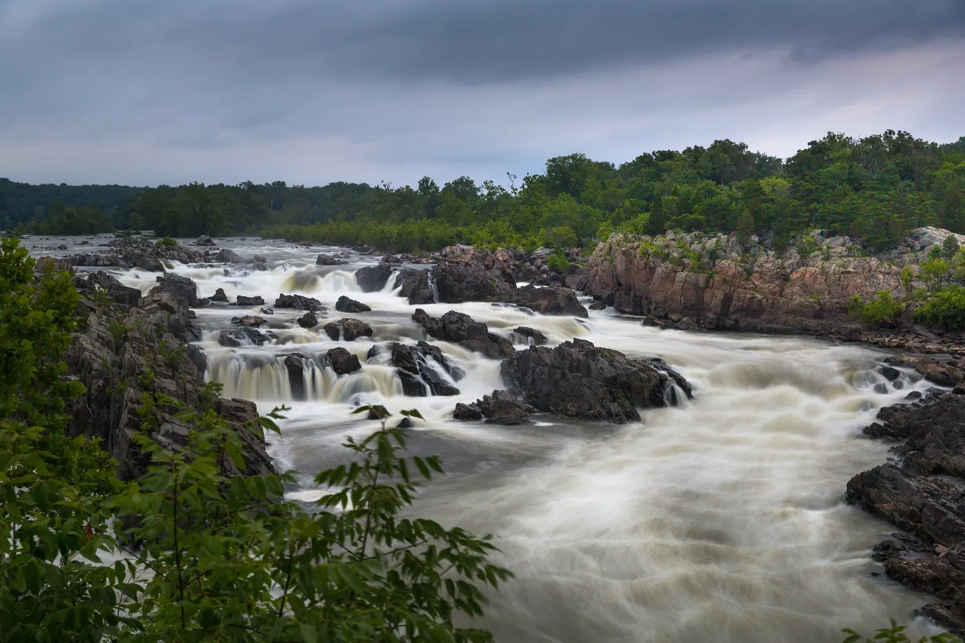 Morning thunderstorm passing over the rapids of the Great Falls of the Potomac River