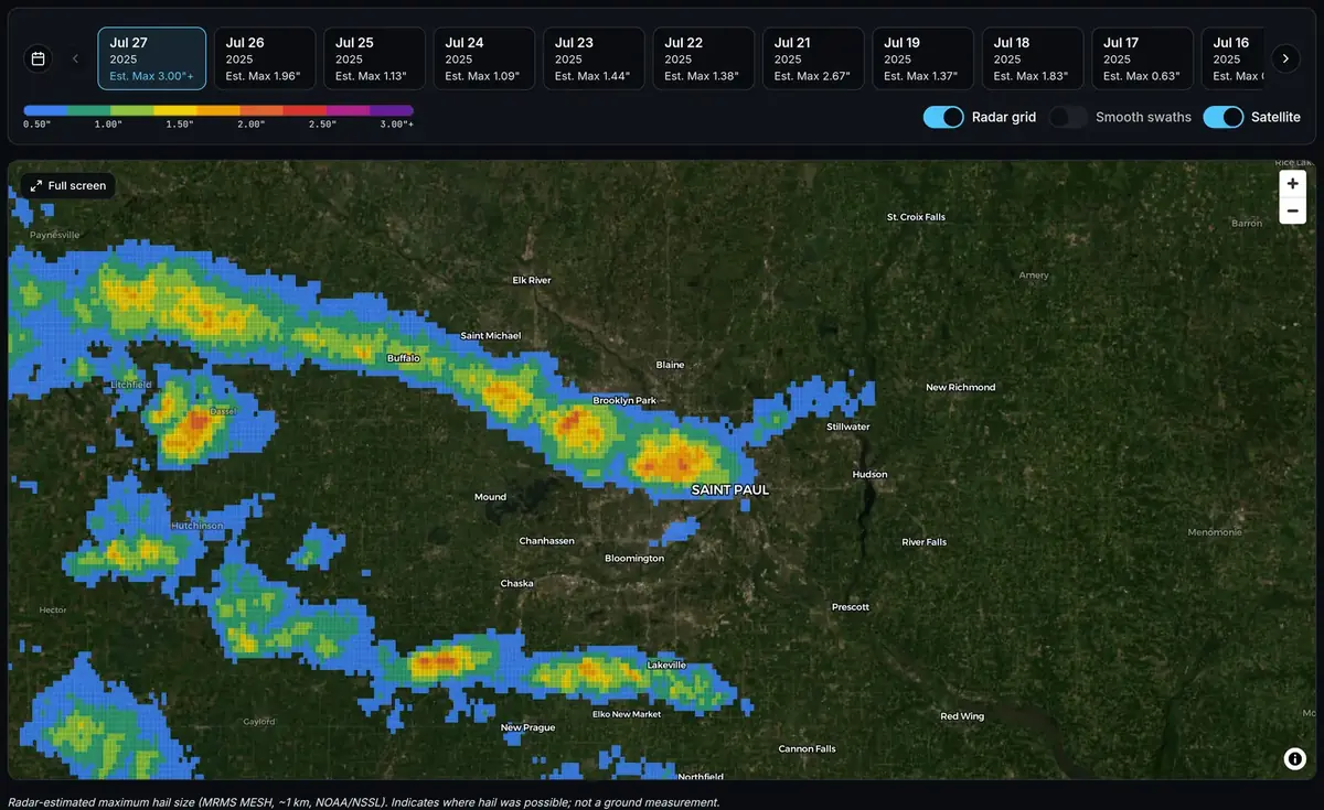 Hail Explorer map of the Minneapolis–St. Paul area on July 27, 2025, showing radar-estimated hail swaths from Buffalo through Brooklyn Park to Saint Paul and a second band near Lakeville.