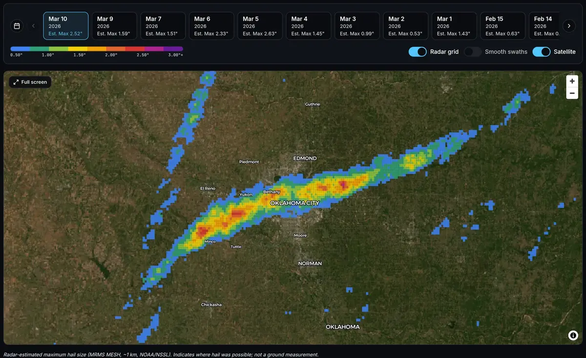 Hail Explorer map of the Oklahoma City metro on March 10, 2026, showing a radar-estimated hail swath running southwest to northeast from Minco through Yukon and Oklahoma City.