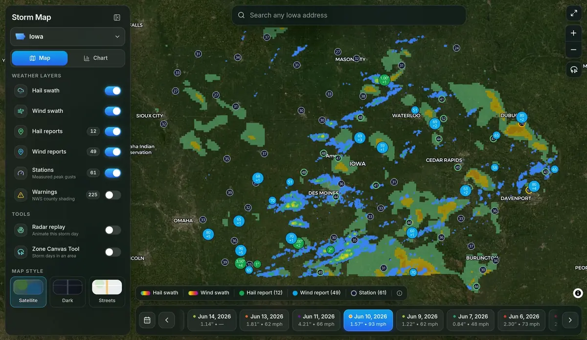 Storm Map dashboard for Iowa on June 10, 2026 with hail and wind swaths, hail and wind report markers and station gust circles across the state, a layer panel on the left and a date carousel below.