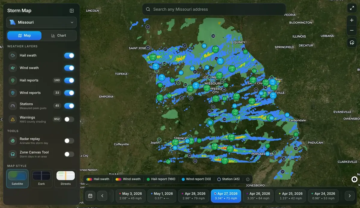 Storm Map dashboard for Missouri on April 27, 2026 with hail and wind swath bands across the state, hail and wind report markers and station gust circles near Kansas City, Columbia and St. Louis, a layer panel on the left and a date carousel below.