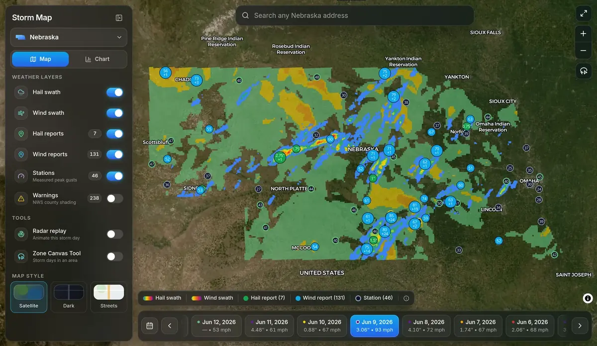Storm Map dashboard for Nebraska on June 9, 2026 with a statewide wind swath, hail swaths, wind and hail report markers and station gust circles, a layer panel on the left and a date carousel below.